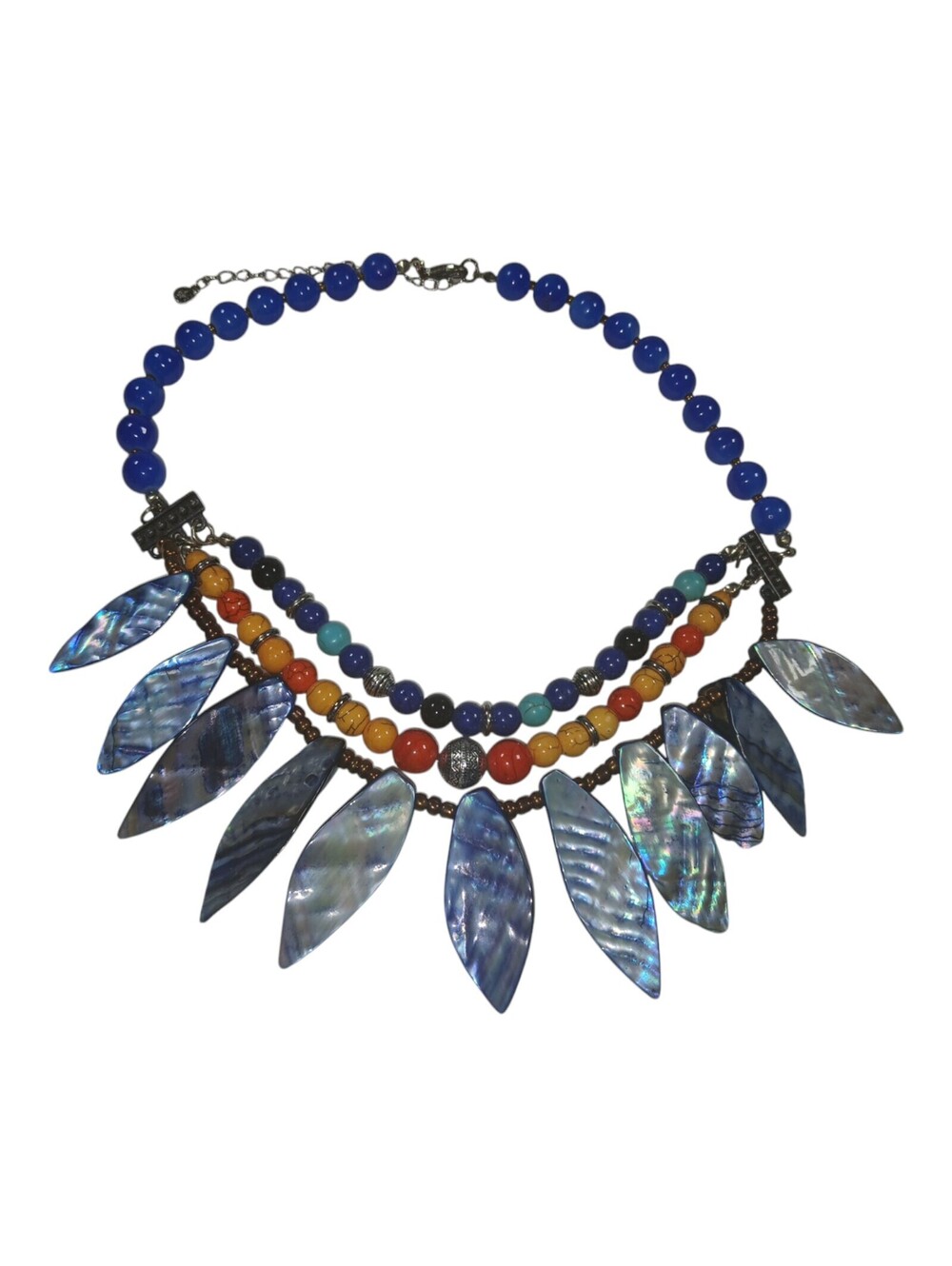 Blue Abalone Shell 3 Strand Orange Yellow Colorful Statement Choker Necklace